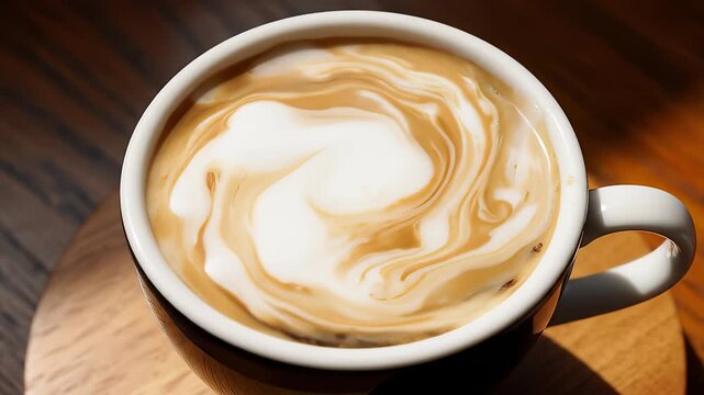 Cream Slowly Poured Into Cup of Coffee on Wooden Surface Close Up