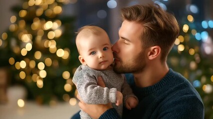 Faceless man holding baby kissing face near Christmas decorations, winter tender moment, holiday parent love, seasonal affection scene, defocused background , with copy space