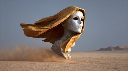 A woman's head is blown away by the wind in a desert. The scene is surreal and dreamlike, with the woman's head appearing to be made of sand and the wind blowing it around