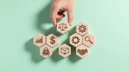 Hand arranging wooden blocks with business and legal icons on green background