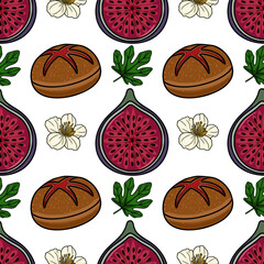 Seamless vector pattern featuring ripe figs, delicate white flowers, and green fig leaves.
