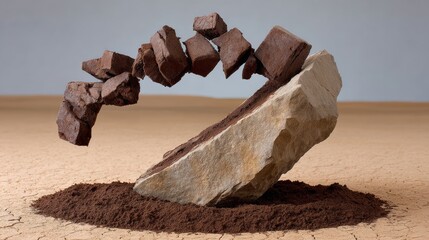 A pile of rocks is scattered across the ground, with one large rock sitting on top of a pile of dirt. The scene is chaotic and disordered, with the rocks seemingly falling from the sky