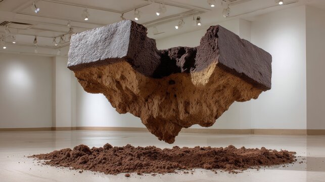 A sculpture of a broken piece of cake is suspended in the air. The sculpture is made of dirt and he is a representation of a broken cake. Scene is playful and whimsical