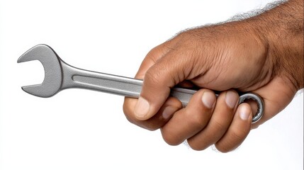A hand holding a wrench. The wrench is silver and has a black handle. Concept of manual labor and the importance of having the right tools for the job