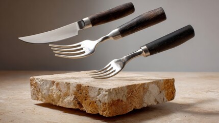Three forks and knives are suspended in the air above a stone slab. The forks and knives are all different sizes and shapes, and they appear to be floating in midair. The scene is surreal
