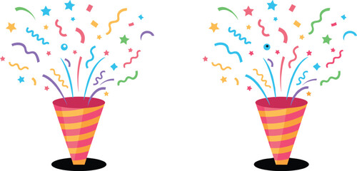 Vibrant Exploding Party Popper Vector Illustration with Colorful Streamers, Stars, and Confetti, Symbolizing Celebration, Joy, New Year's Eve, and Festive Event Backgrounds © Rubya