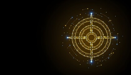 Abstract golden digital target or crosshair symbol with glowing nodes on a dark background, representing technology and precision.