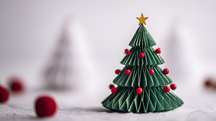 Minimal Paper Christmas Tree with Red Decorations on Soft Background
