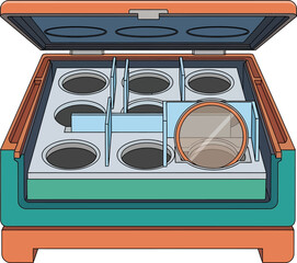 Open orange protective storage case with blue insert containing one silver circular metal wafer or optical filter component for industrial shipping equipment box.