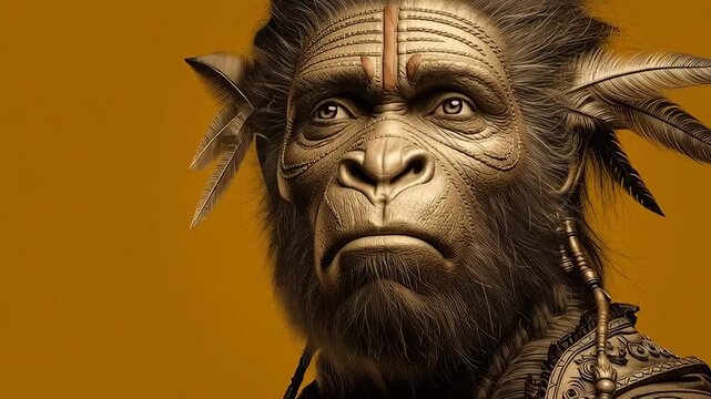Enigmatic anthropoid chieftain close up portrait with detailed textures and cultural regalia in