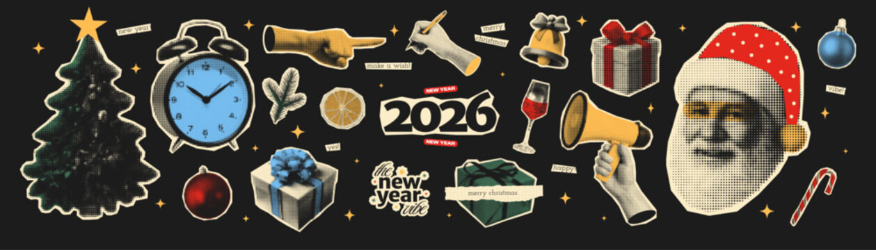 A set of 28 retro-style New Year collage elements with halftone textures and paper cutout aesthetics. Includes Santa, gifts, Christmas tree, clock, ornaments, and text cutouts.