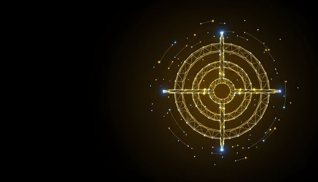 Abstract golden digital target or crosshair symbol with glowing nodes on a dark background, representing technology and precision.