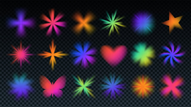Set of y2k gradient shapes including heart, flower, star and butterfly with soft blur and neon glow. Y2k gradient flower texture bg adds holographic aura and dreamy aesthetic for trendy modern design.
