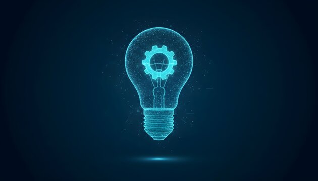A glowing blue digital representation of a light bulb with a gear inside, symbolizing innovation and ideas.