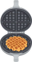 Open electric waffle maker with standard square grid pattern on nonstick heating plates for classic breakfast cooking and kitchen appliance equipment design concept.