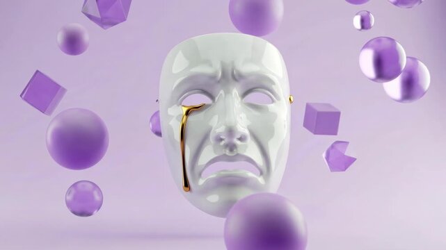 Melancholic 3D animation of a sad theatrical mask moving slowly in shadow, symbolizing drama, mental health struggles, and the tragedy side of carnival tradition