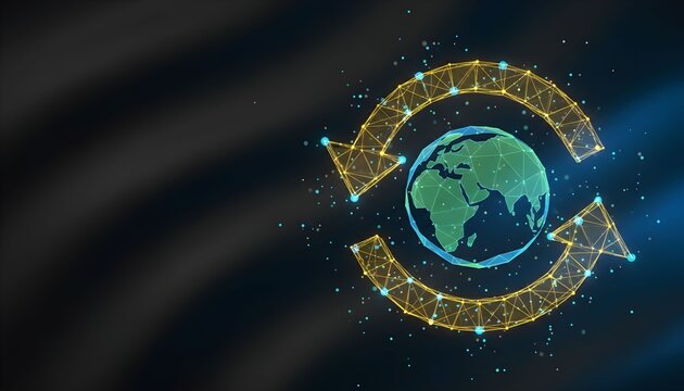 Abstract digital illustration of the Earth surrounded by two arrows, symbolizing global cycles.