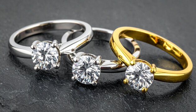 Three Diamond Engagement Rings with White and Yellow Gold Bands on Dark Textured Surface in Jewelry Close-Up