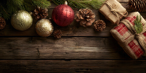 Rustic Christmas Decorations with Gifts, Pinecones and Ornaments on Wooden Table
