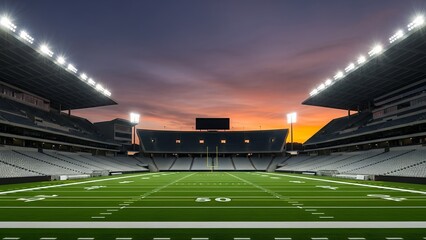 Spectacular illuminated American football stadium at dusk, ready for a night game under the lights