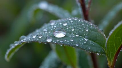 Macro View of Dew Drops Clinging to a Green Leaf with Frosty Edges water droplet