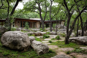 Modern Stone House in Lush Forest Setting with Large Boulders and Greenery.