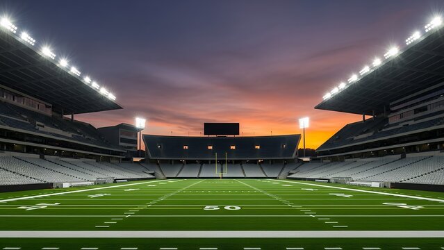 Spectacular illuminated American football stadium at dusk, ready for a night game under the lights