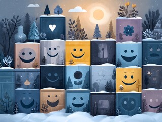 Colorful Cartoon Blocks with Smiley Faces Arranged in Snowy Forest Scene at Night with Full Moon and Winter Tree Silhouettes Illustration
