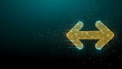 Digital low-poly golden double-headed arrow icon representing data transfer and connection on a dark technological background.