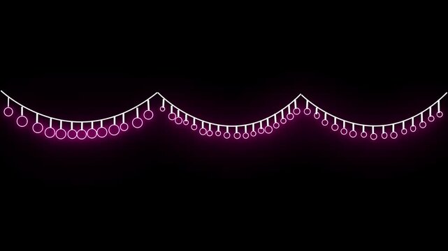 Wedding lights flicker above dinner table. Warm glow garland for soft ambiance. Romantic lighting wraps .Glowing holiday lights garland with multicolored bulbs. .  New Year banner.