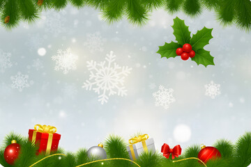 Christmas Border Background with Gifts, Pine Branches and Snowflakes
