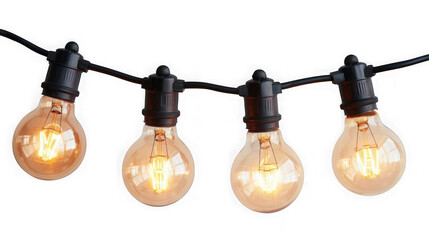 Close up of a string of four glowing edison bulbs with visible filaments isolated on transparent background