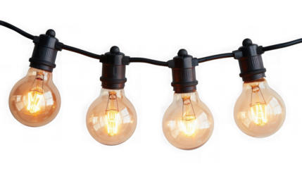 Close up of a string of four glowing edison bulbs with visible filaments isolated on transparent background