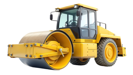 Professional yellow road roller for construction projects, perfect for infrastructure designs and transportation themes, equipment ready for heavy work today