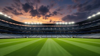 Vast empty stadium with bright lights under a dramatic cloudy sky at sunset, ready for a game
