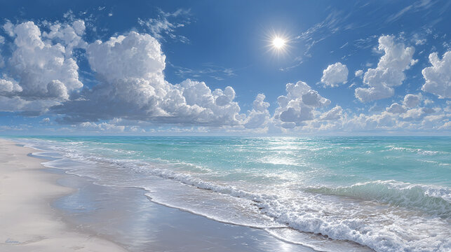 A serene beach scene under a brilliant blue sky, adorned with fluffy clouds and shimmering sunlight reflected on the turquoise water. The shore is pristine and inviting.