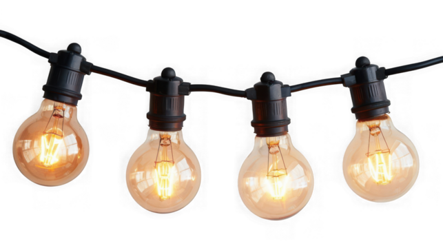 Close up of a string of four glowing edison bulbs with visible filaments isolated on transparent background