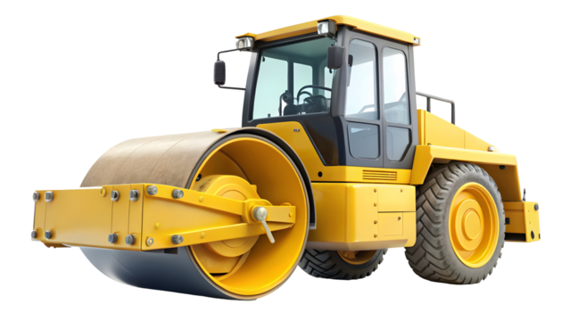 Professional yellow road roller for construction projects, perfect for infrastructure designs and transportation themes, equipment ready for heavy work today