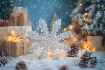 Christmas Snowflake Decoration with Gifts and Warm Holiday Lights
