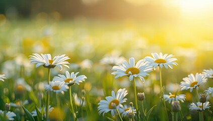 A bright and peaceful field filled with blooming daisies on a sunny day. Shallow depth of field