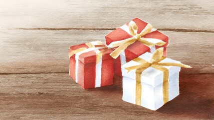 Fototapeta premium Festive gift boxes watercolor illustration cozy holiday preparation scene warm tones wooden background