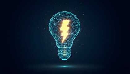 A glowing digital lightbulb with a bright yellow lightning bolt inside, symbolizing innovation and energy.
