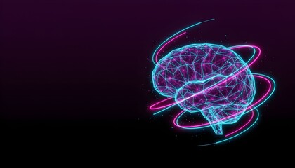 Abstract digital representation of a human brain with glowing polygonal structure and swirling neon light trails on a dark background, symbolizing artificial intelligence and thought processes.