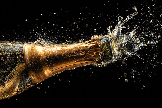 High-speed capture of champagne bottle opening, exploding bubbles, droplets sparkling in golden light, black background