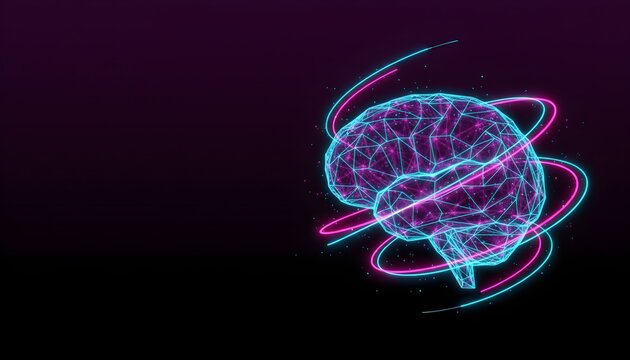 Abstract digital representation of a human brain with glowing polygonal structure and swirling neon light trails on a dark background, symbolizing artificial intelligence and thought processes.