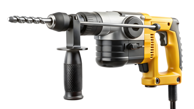 Yellow rotary hammer drill with metal drill bit, powerful tool for construction and repair projects, precision drilling equipment, professional quality