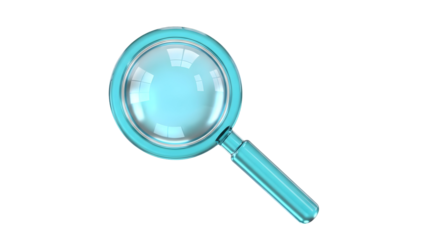 glossy cyan magnifying glass with clear lens — suited for search functions, inspect or zoom actions, discovery features, analytics drilling, find tools, or research indicators.

