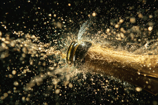 High-speed capture of champagne bottle opening, exploding bubbles, droplets sparkling in golden light, black background