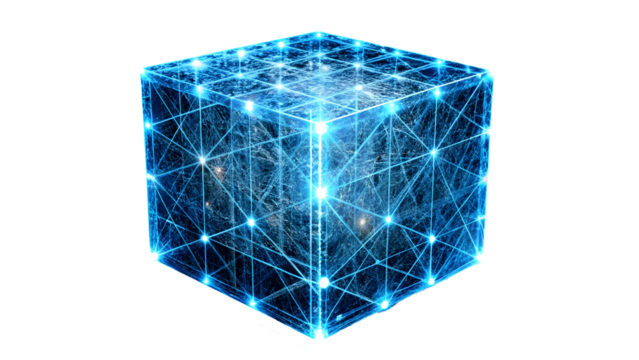 Futuristic glowing cube showcasing interconnected network, a modern digital design for technology concepts, innovation, and abstract solutions with brilliant light