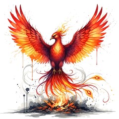 Fiery phoenix bird with outstretched wings rising from flames and smoke fire